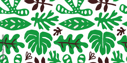 Green jungle leaf doodle shapes seamless pattern. Trendy colorful tropical leaves background design. Monstera plant decoration wallpaper, childish nature symbols.