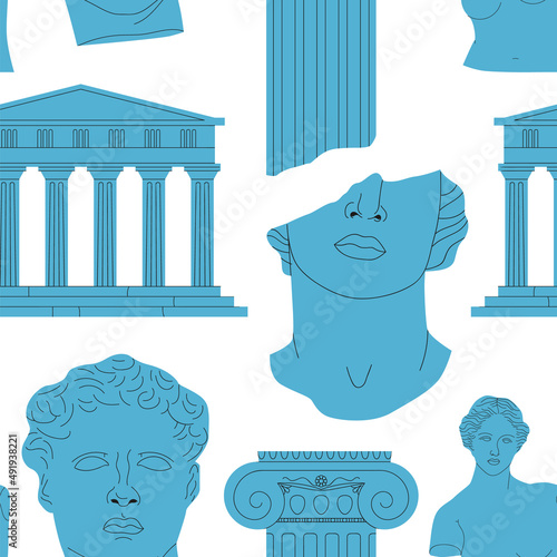 Ancient greek statue and classic vintage monument seamless pattern. Greece culture background illustration. Historical flat cartoon drawing.