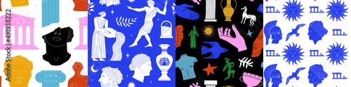 Set of ancient greek statue and classic vintage monument seamless pattern. Colorful greece culture background illustration collection. Historical flat cartoon drawing bundle.