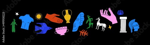Colorful ancient greek statue and classic vintage monument doodle shapes. Greece culture antique illustration collection. Historical flat cartoon drawing bundle.