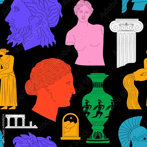 Ancient greek statue and classic vintage monument seamless pattern. Colorful greece culture background illustration. Historical flat cartoon drawing.