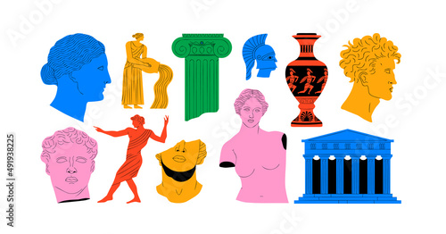 Set of colorful ancient greek statue and classic vintage monument shapes. Greece culture antique illustration collection. Historical flat cartoon drawing bundle.
