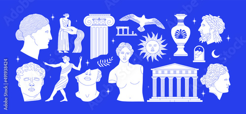 Set of ancient greek statue and classic vintage monument shapes in blue color. Greece culture antique illustration collection. Historical flat cartoon drawing bundle.