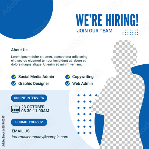 Poster for we are hiring. employees needed. Social media template job vacancy recruitment