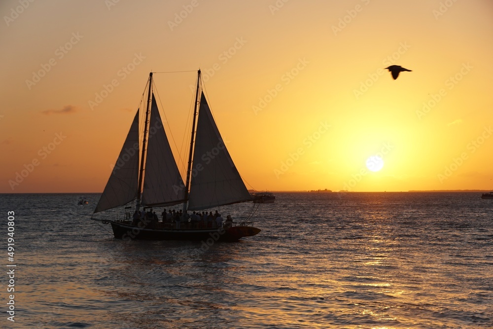 Beautiful sunset overlooking the yacht and boats on the bay near Key West, Florida