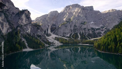 Lago Di Braies Sunrise Fall Autumn Ariel Drone Blue Lake Reflections 