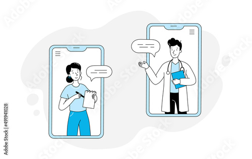 Doctor and patient online mobile health chat illustration. Young doctor outline doodle style. Phone medicine app, online clinic, mobile pharmacy service vector illustration.