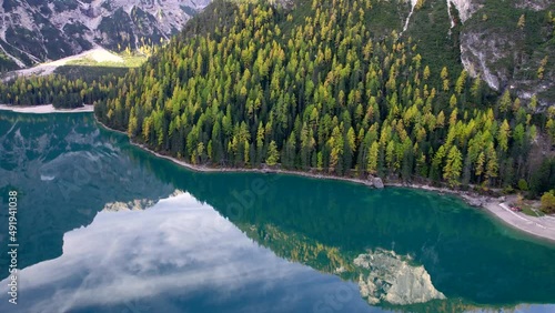 Lago Di Braies Sunrise Fall Autumn Ariel Drone Blue Lake Reflections 