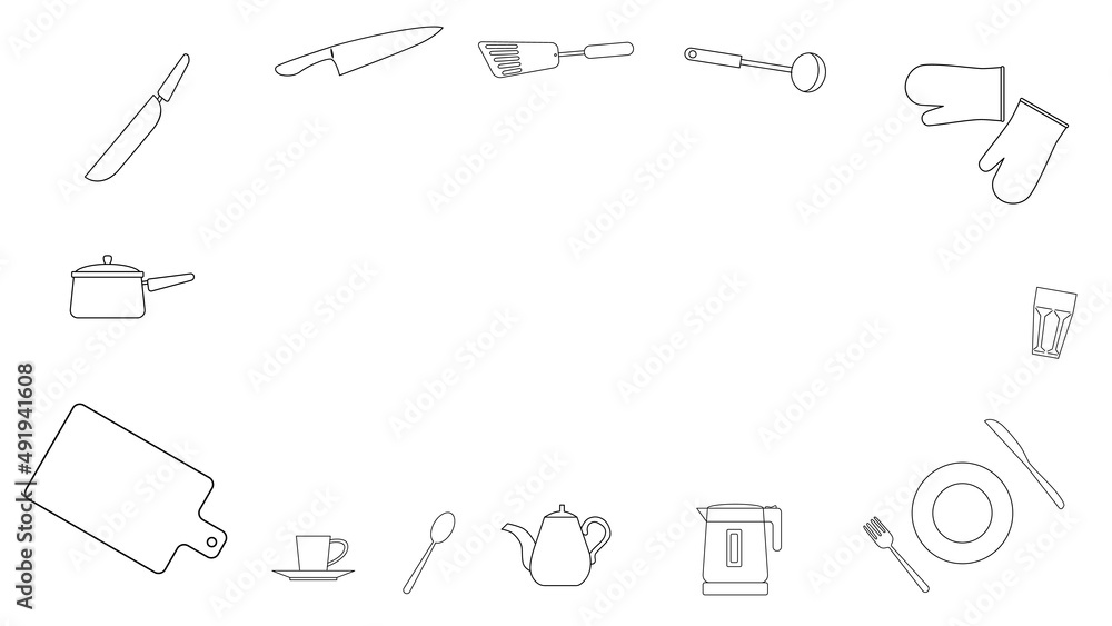 Frame of kitchen utensils in horizontal arrangement. Frame of kitchen utensils in horizontal arrangement.