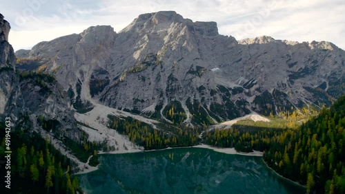 Lago Di Braies Sunrise Fall Autumn Ariel Drone Blue Lake Reflections 