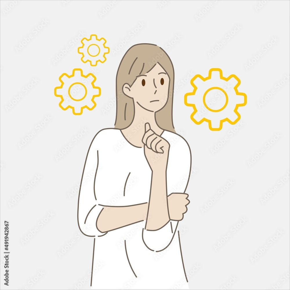 Young woman thinking or solving problem with gear icon. Concept of innovative ideas, creative thought, creativity and imagination. Hand draw style. Vector illustration. Young woman thinking or solving problem with gear icon. Concept of innovative ideas, creative thought, creativity and imagination. Hand draw style. Vector illustration.