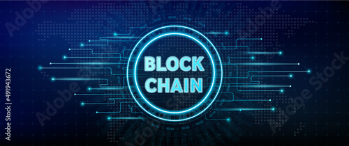 Blockchain technology. Icon on abstract technology background. Global connection suitable for financial investment or crypto currency trends business. Vector EPS10.