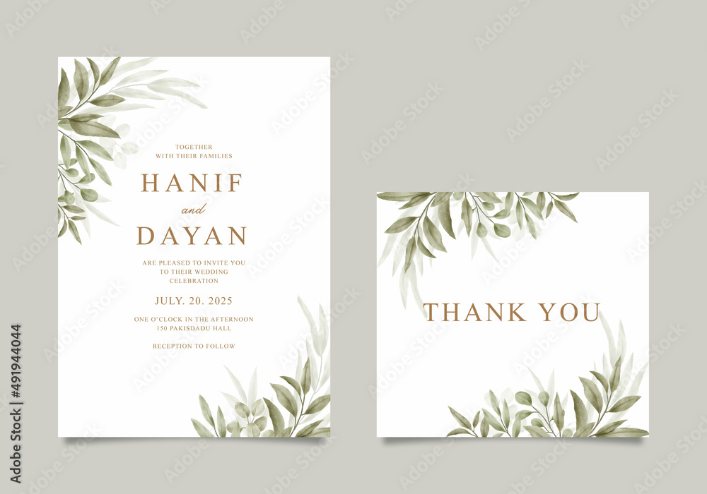 Wedding invitation card set with minimalistic foliage