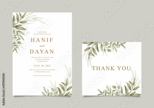 Wedding invitation card set with minimalistic foliage