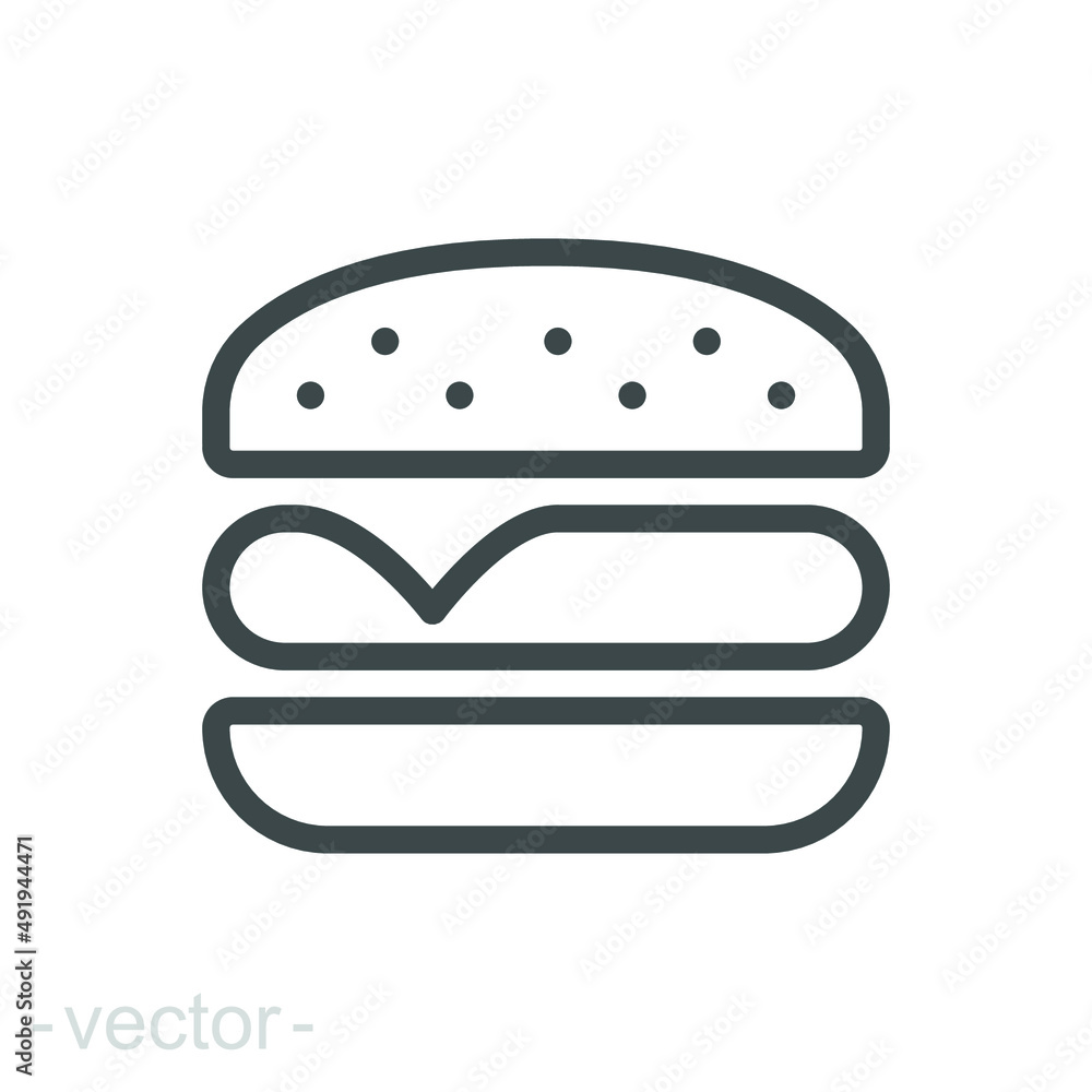 Hamburger icon. Simple outline style. Cheeseburger, fast food concept. Vector illustration isolated on white background. Editable stroke EPS 10.