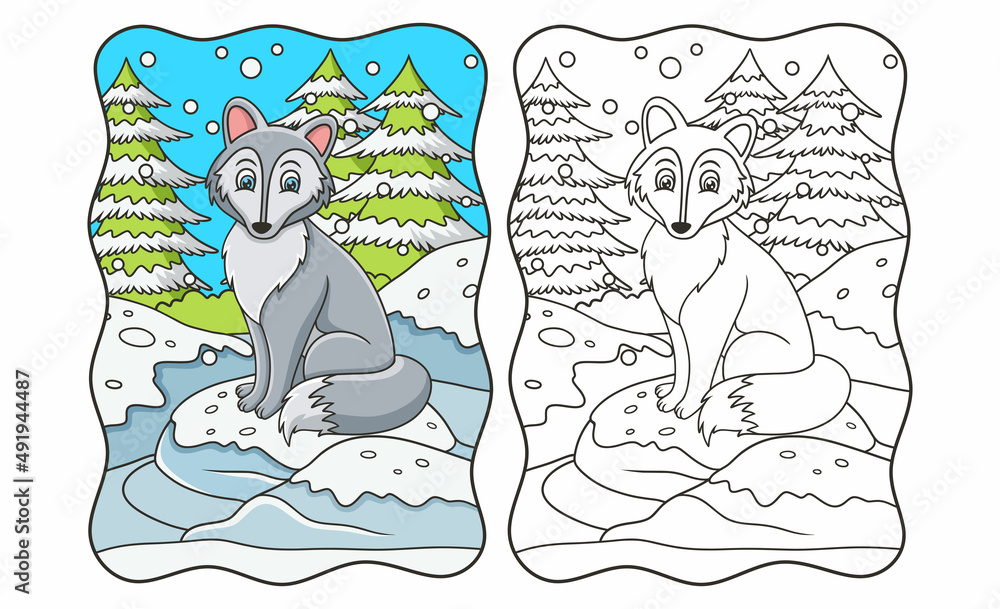 cartoon illustration The wolf is sitting on a big rock covered in snow in winter book or page for kids