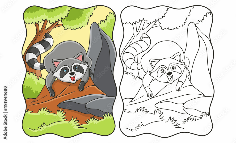cartoon illustration The raccoon is crawling on a large rock in the ...