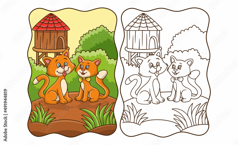 Fototapeta premium cartoon illustration a couple of cats making love in the garden book or page for kids