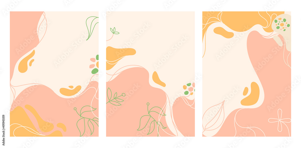 Vector illustration of floral abstract background set. Pink orange pastel wavy shape and line decoration in simple trendy style with copy space for text poster, greeting card, stories design template