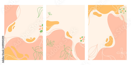 Vector illustration of floral abstract background set. Pink orange pastel wavy shape and line decoration in simple trendy style with copy space for text poster  greeting card  stories design template