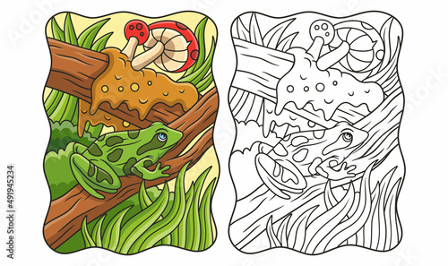 cartoon illustration a frog sitting on a big tree trunk which is very humid with mud and fungus nearby book or page for kids