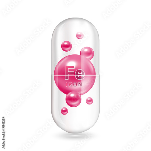 Minerals Iron and Vitamin inside capsule translucent. Medical and dietary supplement health care concept. 3D Vector EPS10 illustration. Isolated on a white background.