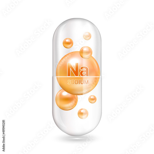 Minerals Sodium and Vitamin inside capsule translucent. Medical and dietary supplement health care concept. 3D Vector EPS10 illustration. Isolated on a white background.
