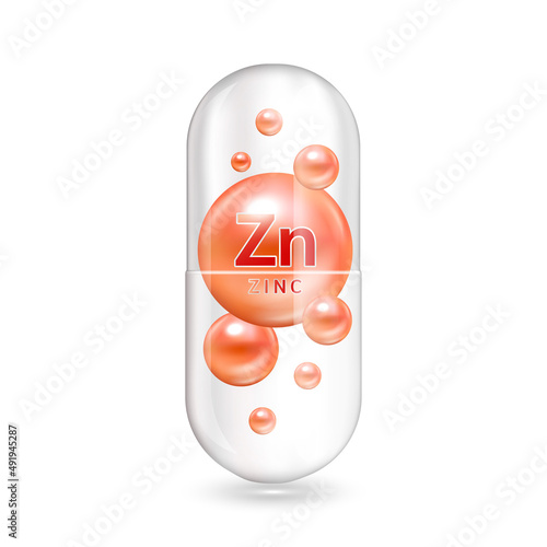 Minerals Zine and Vitamin inside capsule translucent. Medical and dietary supplement health care concept. 3D Vector EPS10 illustration. Isolated on a white background.