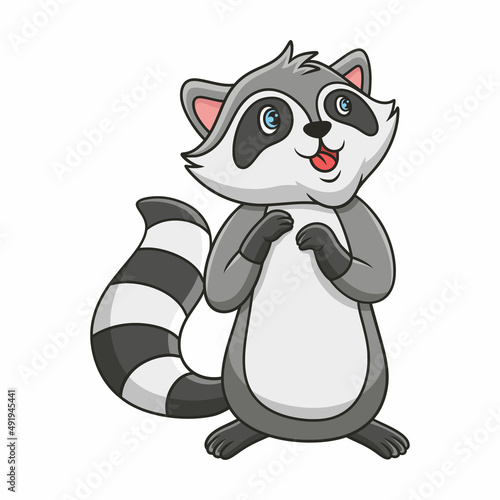 animals cartoon illustration The raccoon is standing in the middle of the forest and looking