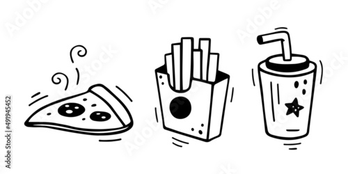 Fast food icons set - slice of pizza, french fries, paper cup with drink. Hand drawn fast food combo. Comic doodle sketch style. Vector illustration