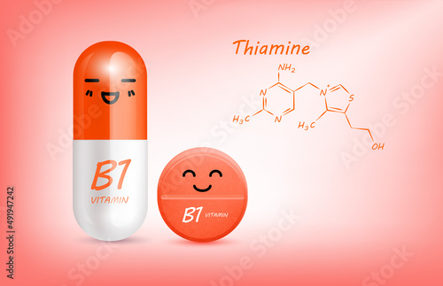 Orange vitamin B1 (Thiamine) capsule cute cartoon character and structure. Pill capsules complex shaped mascot for pharmacy children's clinic. Healthcare and medicine skin care concept. 3D vector.