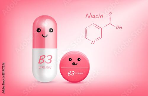 Pink vitamin B3 (Niacin) capsule cute cartoon character and structure. Pill capsules complex shaped mascot for pharmacy children's clinic. Healthcare and medicine skin care concept. 3D vector.