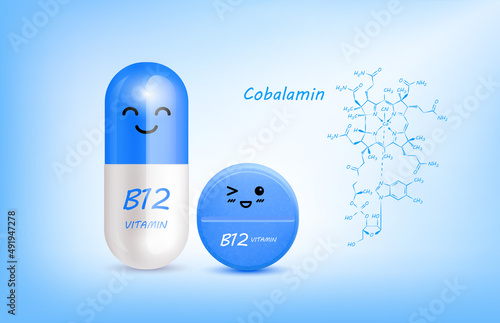 Blue vitamin B12 (Cobalamin) capsule cute cartoon character and structure. Pill capsules complex shaped mascot for pharmacy children's clinic. Healthcare and medicine skin care concept. 3D vector.