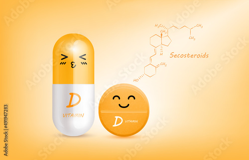 Orange vitamin D capsule cute cartoon character and structure. Pill capsules complex shaped mascot for pharmacy children's clinic. Healthcare and medicine skin care concept. 3D vector.