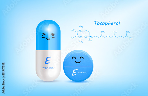 Blue vitamin E (Tocopherol) capsule cute cartoon character and structure. Pill capsules complex shaped mascot for pharmacy children's clinic. Healthcare and medicine skin care concept. 3D vector.