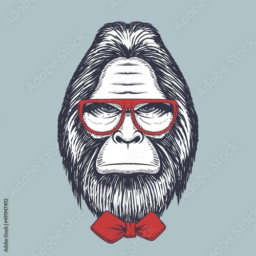 Bigfoot hand drawn wearing a red glasses and bow tie
