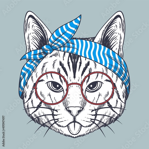 Cat hand drawn wearing a red glasses and bandana
