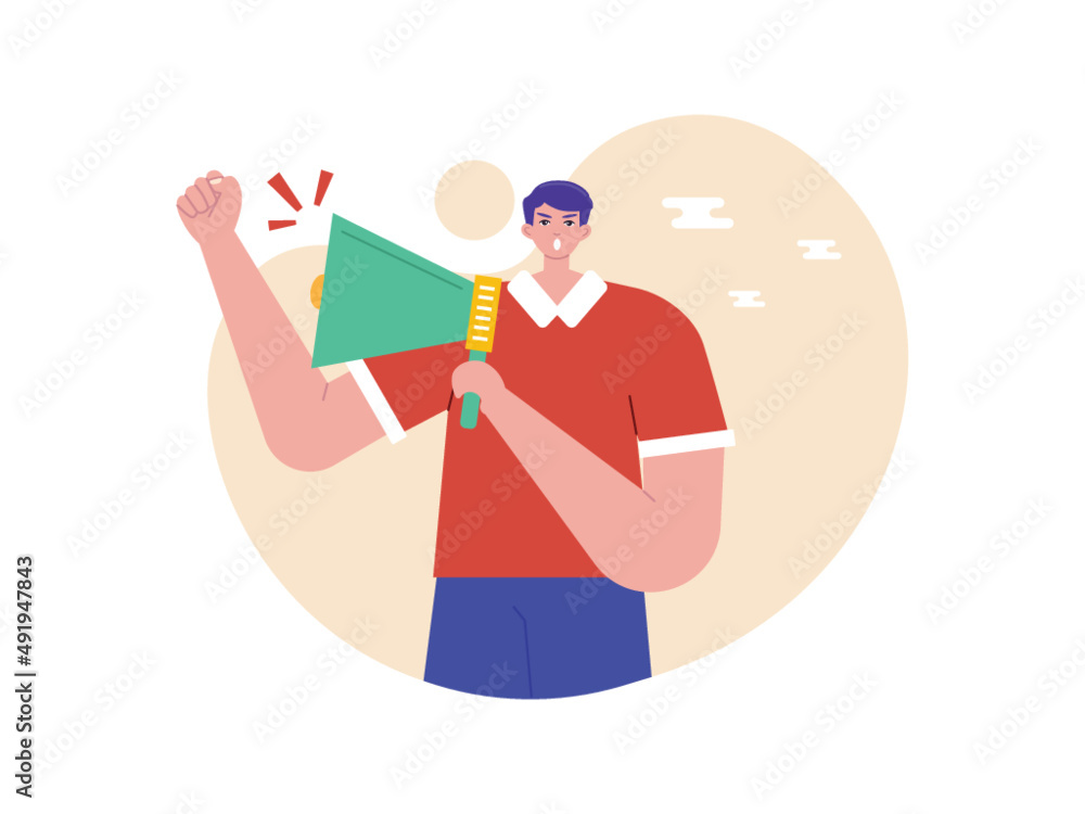 A man speaks into a loudspeaker during a demonstration. Give encouragement during demonstrations. Demonstration vector illustration.