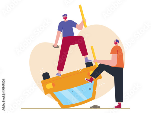  A man stands on top of an overturned car during a chaotic demonstration. Acts of vandalism by persons. Demonstration vector illustration.  