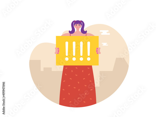 A young woman holding a poster during a demonstration. Demonstration against the background of city buildings. Demonstration vector illustration.