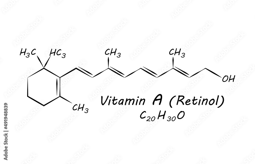 Vitamin A (Retinol) Chemical formula molecular structure complex. Vitamins and Minerals found in various foods. Science and medicine concept. Vector EPS10 Illustration.