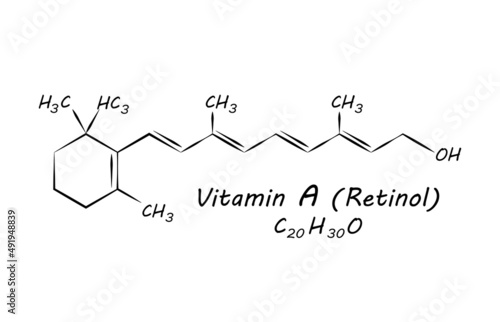 Vitamin A  Retinol  Chemical formula molecular structure complex. Vitamins and Minerals found in various foods. Science and medicine concept. Vector EPS10 Illustration.
