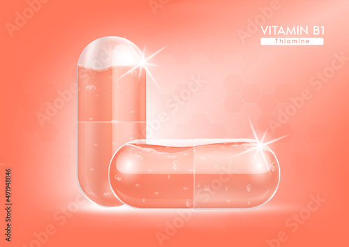 Vitamin B1 orange water in capsule. Vitamin complex bright colour with Chemical formula from nature. Health supplement skin care anti-aging and beauty. Medical and scientific. 3D Realistic Vector.