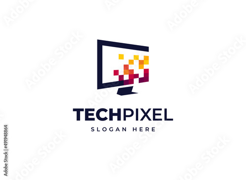 Pixels screen monitor tech idea particles vector logo design, Creative tech education media device logo design
