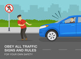 Pedestrian safety and car driving rules. Young male pedestrian about to be hit by suv car on a city road. Obey all traffic signs and rules for your own safety. Flat vector illustration template.