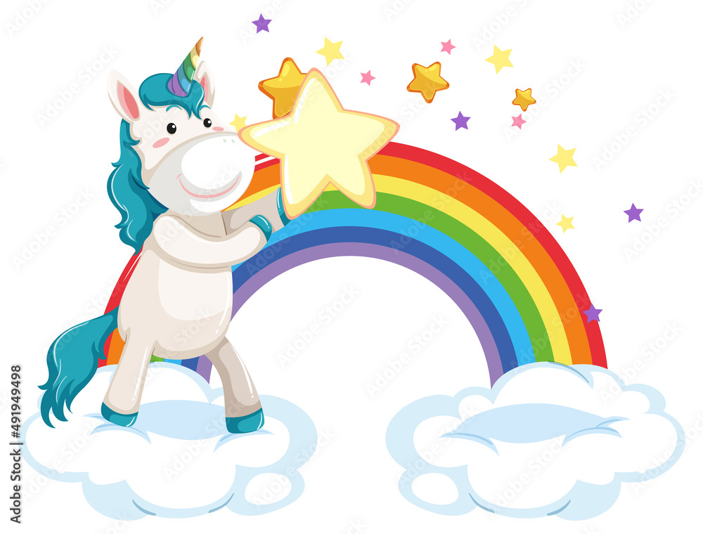 Unicorn standing on a cloud with rainbow in cartoon style Unicorn standing on a cloud with rainbow in cartoon style