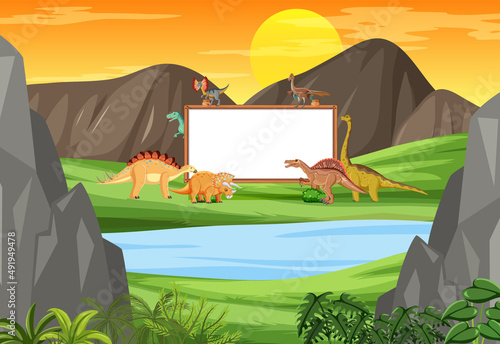 Scene with dinosaurs and whiteboard in the forest