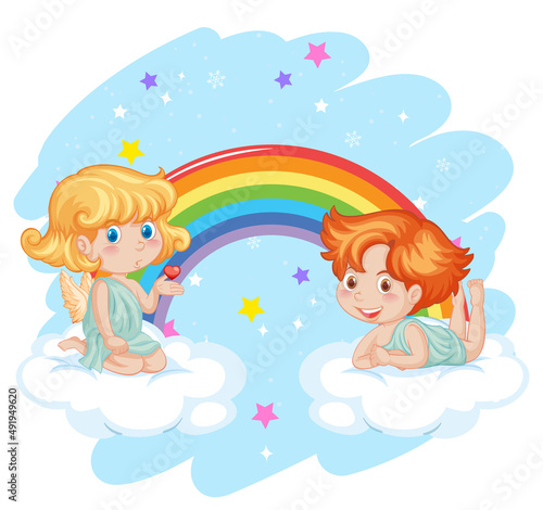 Angel boy and girl with rainbow in the sky