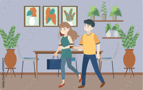 Love couples walking and talking to each other at cafe