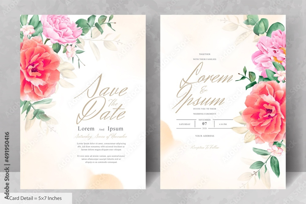 Realistic Watercolor Floral Wedding Invitation Card Template with Hand Drawn Flower and Leaves